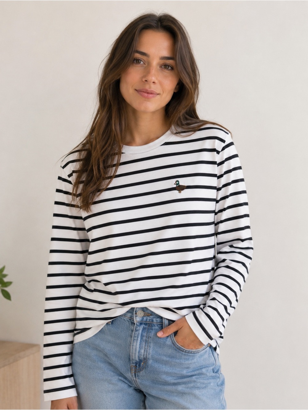 Denim & Flower Women’s Large Navy & White Stripe Long Sleeve Shirt 100% Cotton